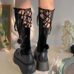 Juwas Ribbon Lace-up Balls Cotton Lolita Stockings