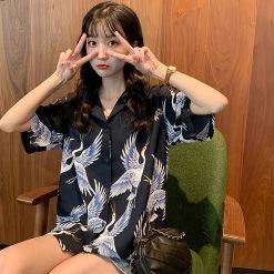 Juwas Vintage Crane Print Loose Shirt