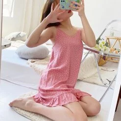 Juwas Polka Dot V-Neck Ruffles Night Dress Pajama NEW ARRIVAL