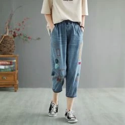 Juwas Retro Embroidery Loose Elastic Waist Jean NEW ARRIVAL