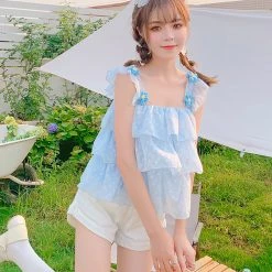 Juwas Blue Flower Polka Dot Ruffle Sleeveless Blouse