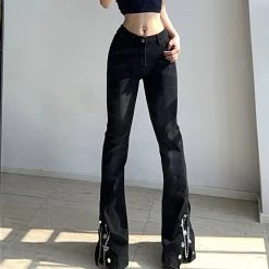 Juwas Street Chain Wide Leg Black Denim Jeans