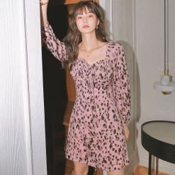 Juwas CLOTHING Pink Leopard Bell Long Sleeve Mini Dress