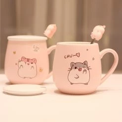 Juwas Pastel Pink Hamster Mug With Lid And Spoon