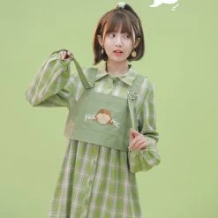 Juwas NEW ARRIVAL Kawaii Green Checkered Dress With Crop Top Jumper