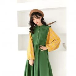 Juwas NEW ARRIVAL Countryside Plaid Long Sleeve Midi Dress