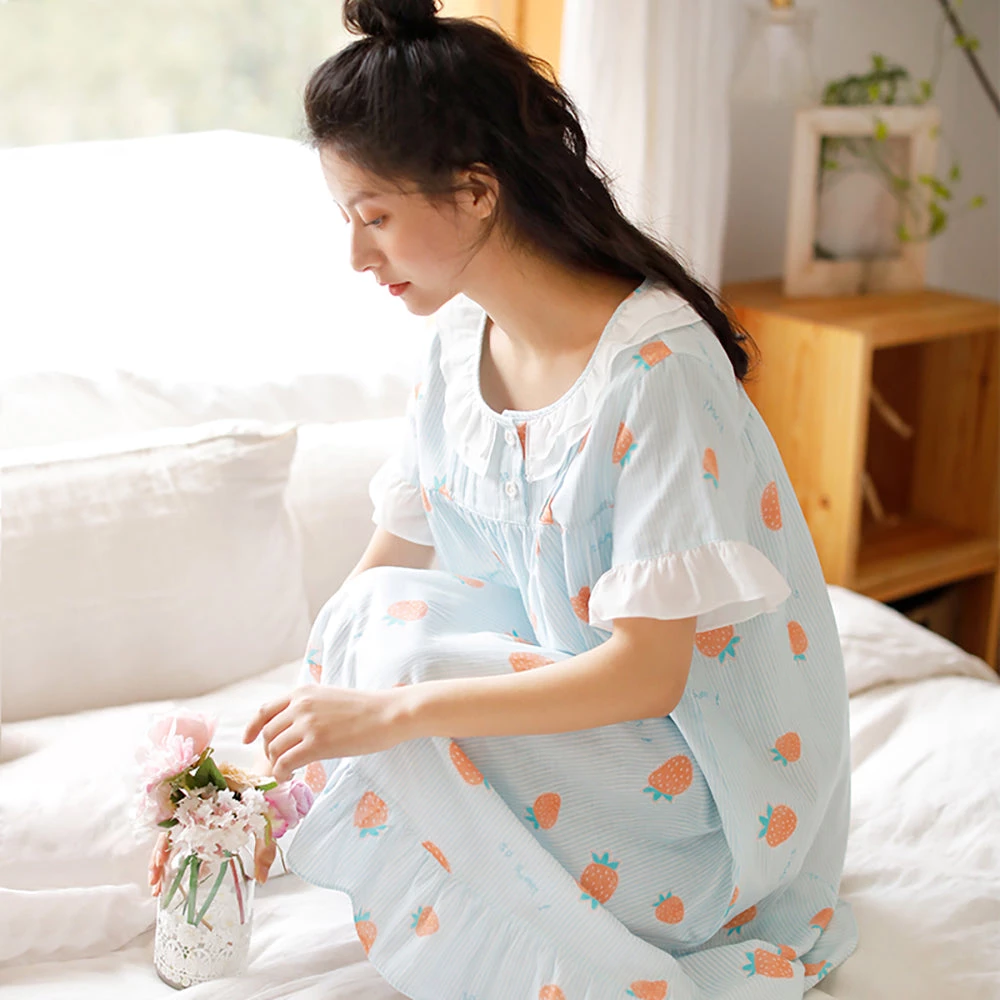 Juwas Sweet Strawberry Cotton Sheer Nightgown- Pink And Blue 6 Juwas Sweet Strawberry Cotton Sheer Nightgown- Pink And Blue