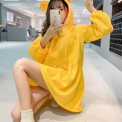 Juwas Bear Ears Yellow Short Dress Sweater Hoodie CLOTHING