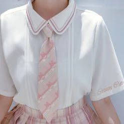 Juwas School Uniform Polo Shirt With Pink Plaid Neck Tie
