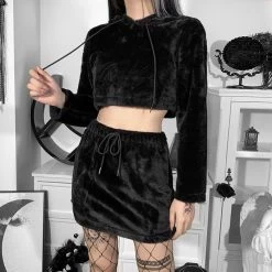 Juwas Gothic Faux Fur Hoodie Crop Top And Mini Skirt Set CLOTHING