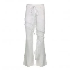 Juwas Chic White Lace Mesh Cut Wide Leg Jeans