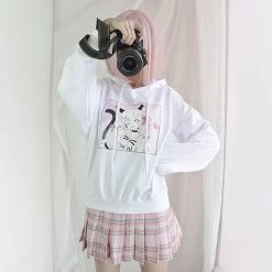 -Juwas Japanese Kawaii Fox Girl Print White Hoodie