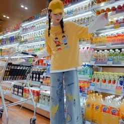 Juwas Cool Random Doodle Print Denim Bell Pants NEW ARRIVAL