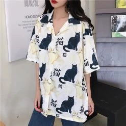 Juwas Vintage Cat Print Feline Button Up Shirt NEW ARRIVAL 13 Juwas Vintage Cat Print Feline Button Up Shirt NEW ARRIVAL