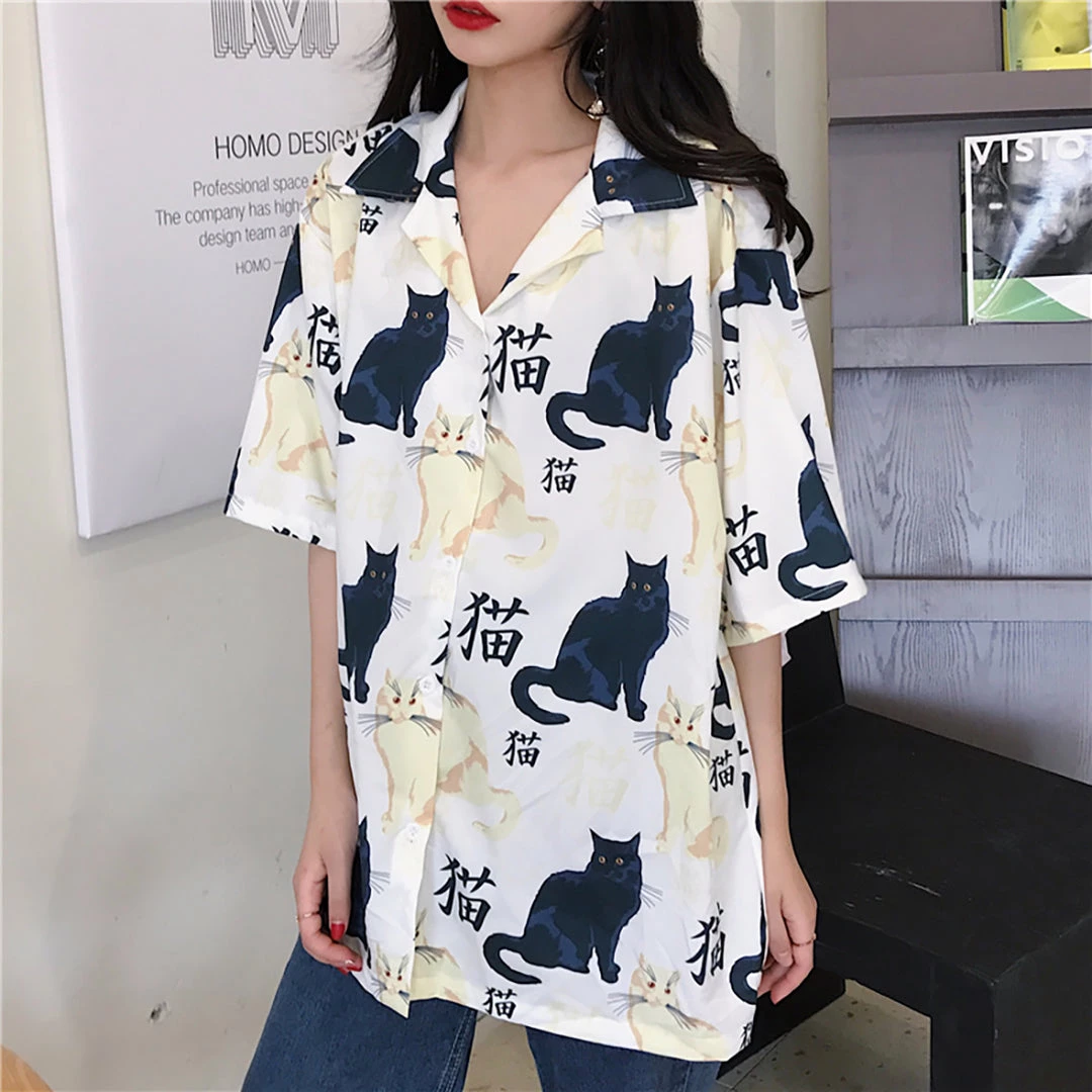 Juwas Vintage Cat Print Feline Button Up Shirt NEW ARRIVAL 5 Juwas Vintage Cat Print Feline Button Up Shirt NEW ARRIVAL