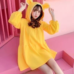 Juwas Bear Ears Yellow Short Dress Sweater Hoodie CLOTHING