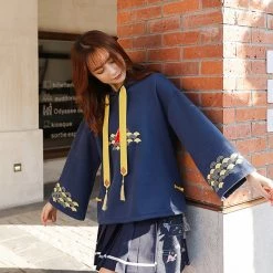 -Juwas Koi Fish Print Tassel Detail Loose Hoodie NEW ARRIVAL