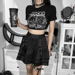 Juwas NEW ARRIVAL Black Cartoon Doodle Printed Crop Top