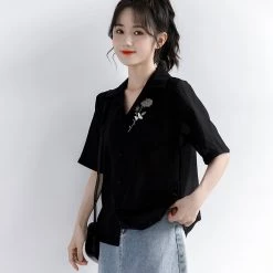 Juwas Vintage Floral Embroidery Pocket Short Sleeve Shirt