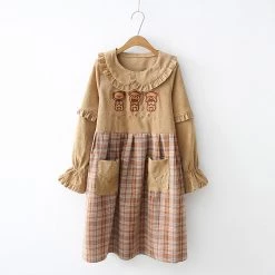 Juwas CLOTHING Adorable Triplets Bear Ruffle Checkered-Skirt Dress