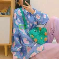 Juwas Chic Pastel Blue Printed Button Up Loose Shirt