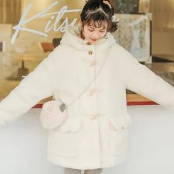 Juwas Kawaii White Fluffy Fur Hooded Winter Coat CLOTHING
