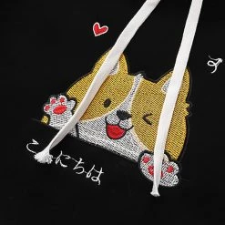 Juwas Japanese Puppy Embroidery Pocket Hoodie CLOTHING