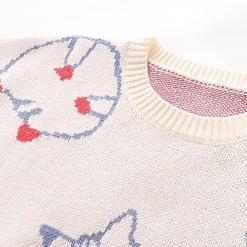Juwas Kitty Print Round Collar Loose Sweater NEW ARRIVAL