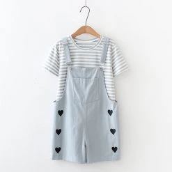 Juwas Side Hearts Overalls And Striped Shirt Set