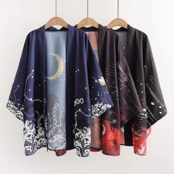Juwas CLOTHING Japanese Moon Snake Carp Print Kimono Outerwear Sun Protective