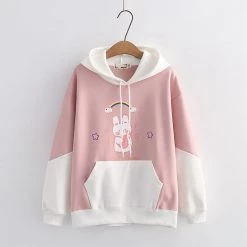 Juwas Rainbow Rabbit Print Pocket Warm Hoodie CLOTHING
