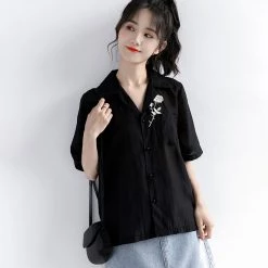 Juwas Vintage Floral Embroidery Pocket Short Sleeve Shirt