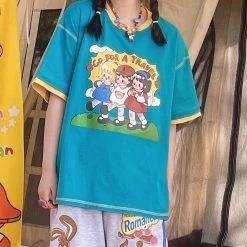 Juwas Cartoon Girls Print Cotton T-shirt