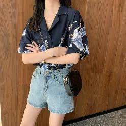 Juwas Vintage Crane Print Loose Shirt