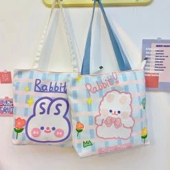 Juwas Blush Rabbit Rose Plaid Tote Hand Bag