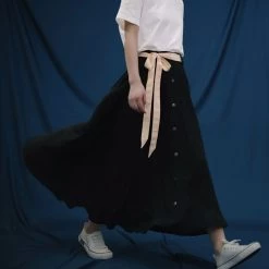 Juwas Black Ribbon Button Up Maxi Skirt