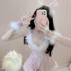 Juwas CLOTHING Sexy Lace Bunny Fur Lining Mini Dress