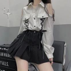 Juwas NEW ARRIVAL Vintage Lace Up Off-The-Shoulder Streetwear Shirt