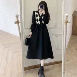 Juwas Checkered Pattern Button Up Midi Dress