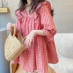 Juwas Vintage Red White Plaid Sleeve Shirt