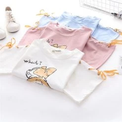 Juwas.com Online Store NEW ARRIVAL Kawaii Girls' Corgi Print Laced Sleeves Soft T-shirt Top