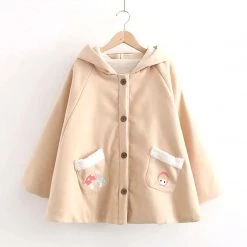 Juwas Hoodie Cat Ears Mushroom Print Pocket Cap Coat