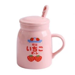 Juwas Sweet Kawaii Japanese Meiji Strawberry Mug With Lid And Stir Spoon