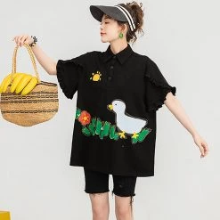 Juwas Flower Duck Print Loose T-shirt CLOTHING