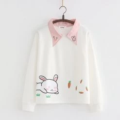 Juwas CLOTHING Rabbit Carrot Print Sweatshirt With Collar