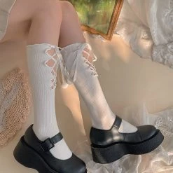 Juwas Ribbon Lace-up Balls Cotton Lolita Stockings