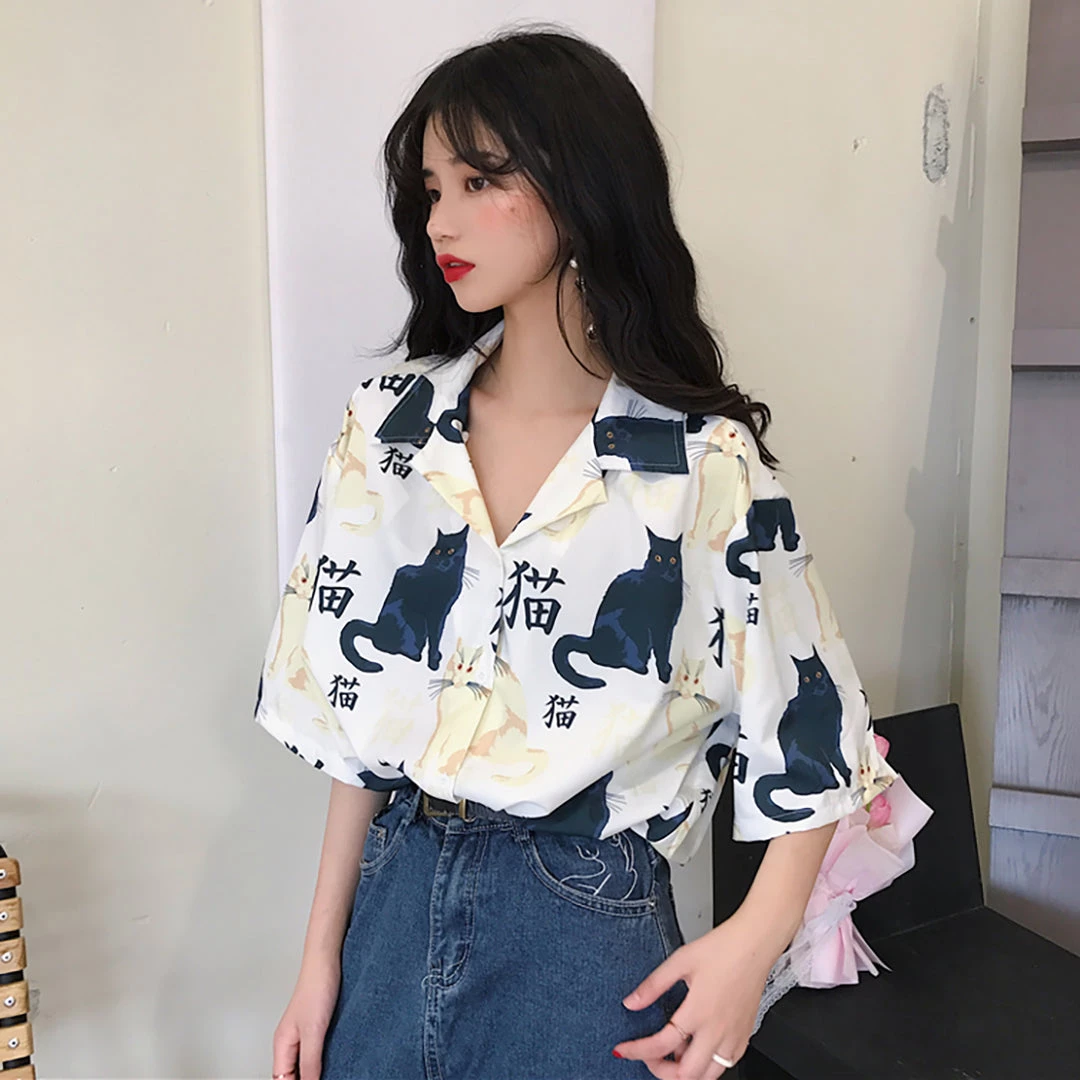 Juwas Vintage Cat Print Feline Button Up Shirt NEW ARRIVAL 6 Juwas Vintage Cat Print Feline Button Up Shirt NEW ARRIVAL