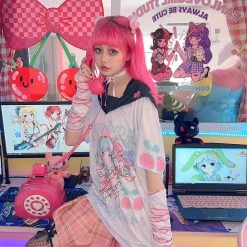 Juwas NEW ARRIVAL Japanese Animal Girls Print Sailor Collar Loose T-shirt