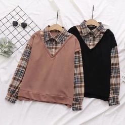 Juwas Vintage Plaid Fake Two-piece Sweatshirt CLOTHING