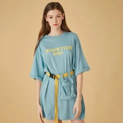 Juwas NEW ARRIVAL Letters Printed Loose T-shirt With Belt And Pocket